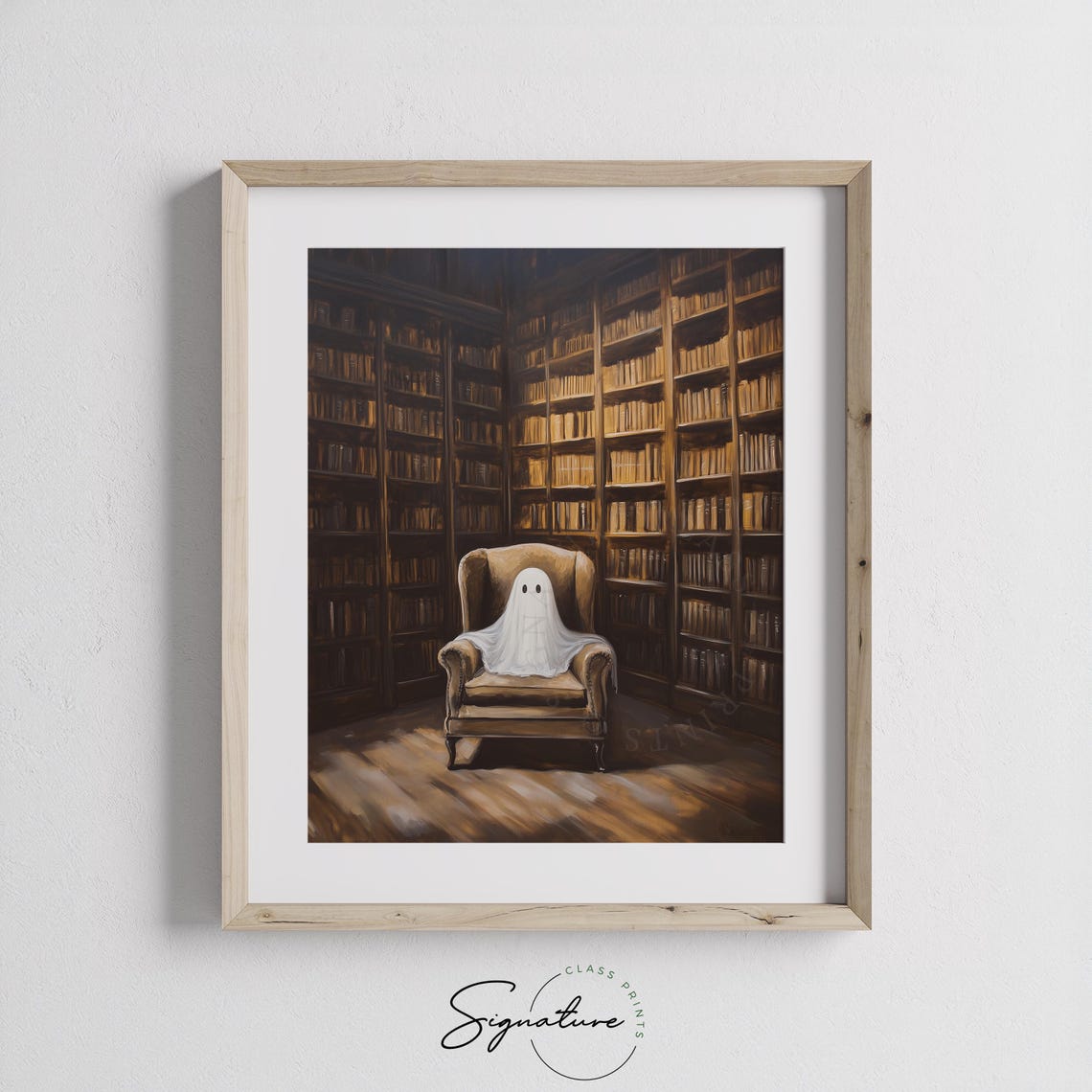 Cute Ghost Cozy Library Armchair Vintage Bookshelves Art Poster - Image 3
