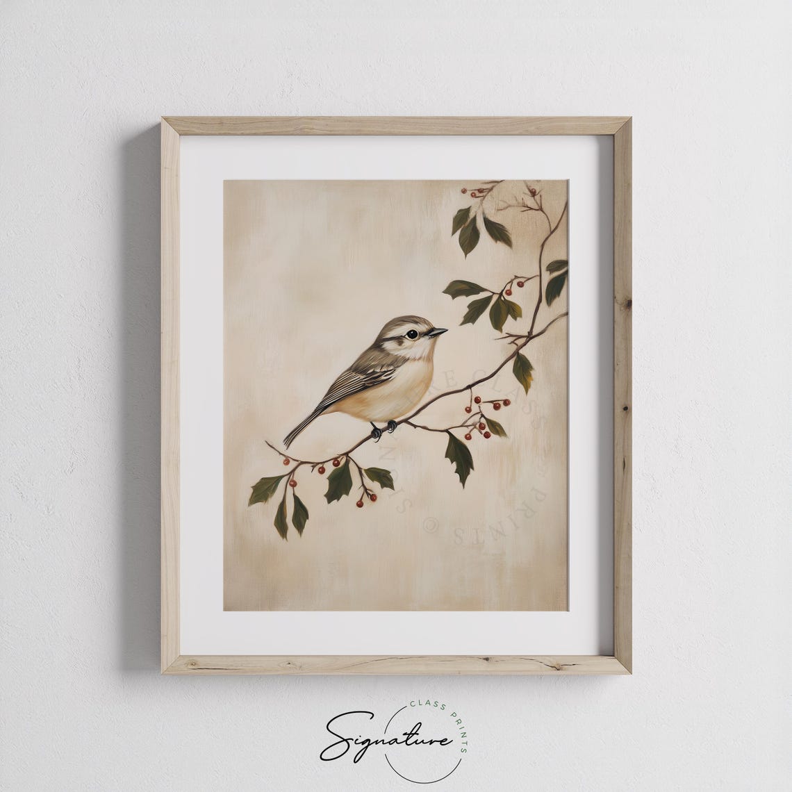Little Winter Bird on Mistletoe Branch with Red Berries Poster - Image 2