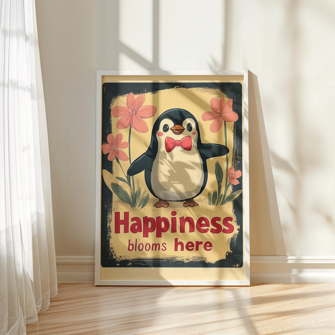 Sweet Happiness Blooms Here Penguin Retro Floral Animal Poster - Image 5