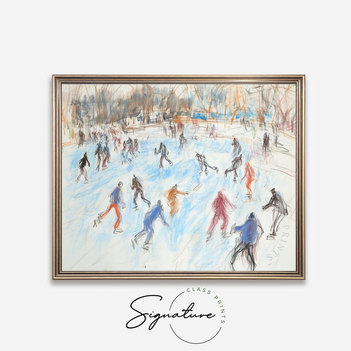 Group Ice Skating On Frozen Pond Loose Sketch Style Winter Poster - Image 4