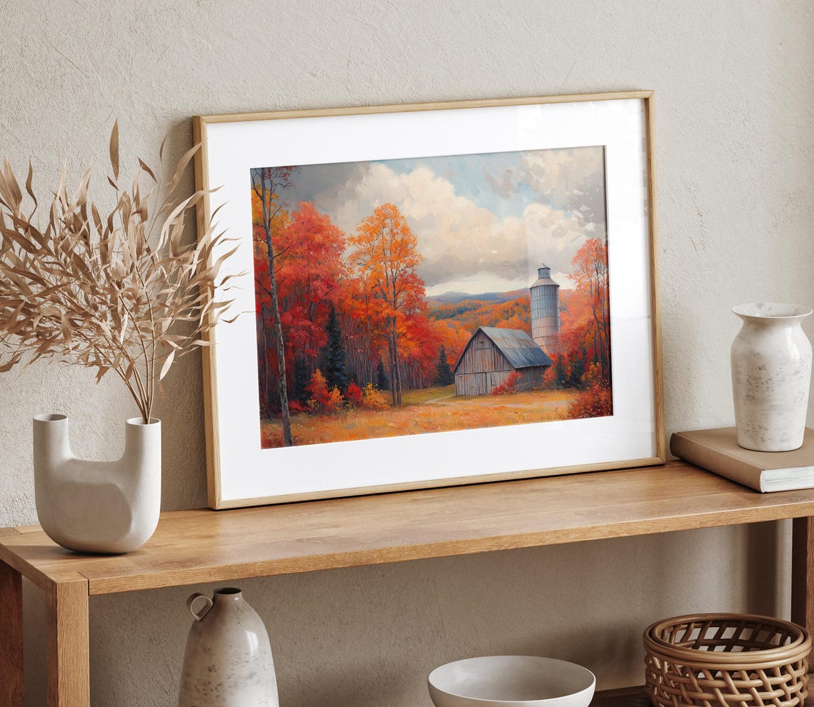 Old Barn and Silo Surrounded by Fiery Red Autumn Trees Poster - Image 4