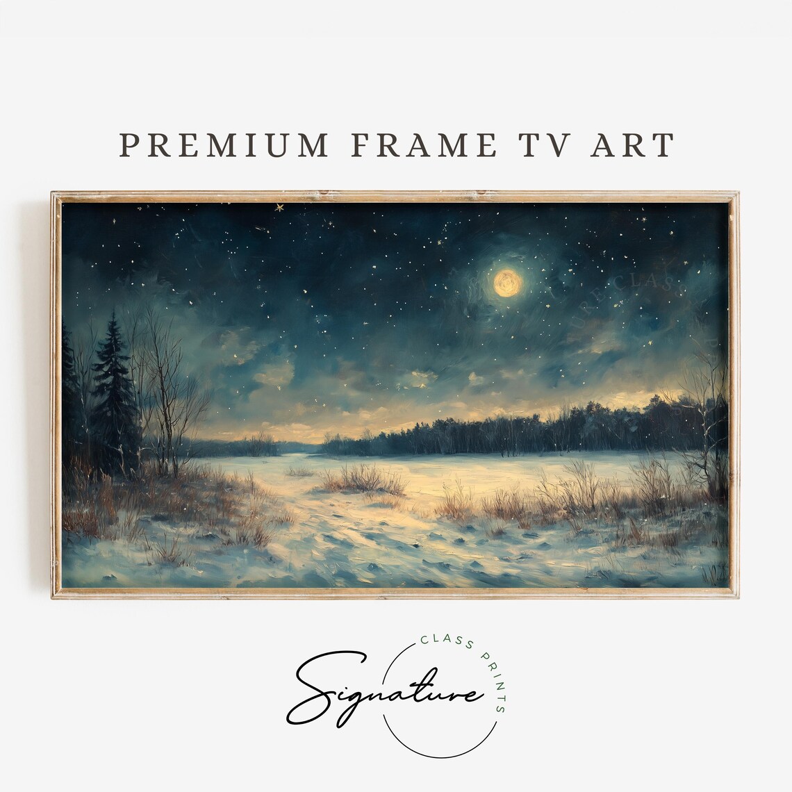 Moonlit Winter Meadow Full Moon Stars Snowy Field Night Landscape Poster