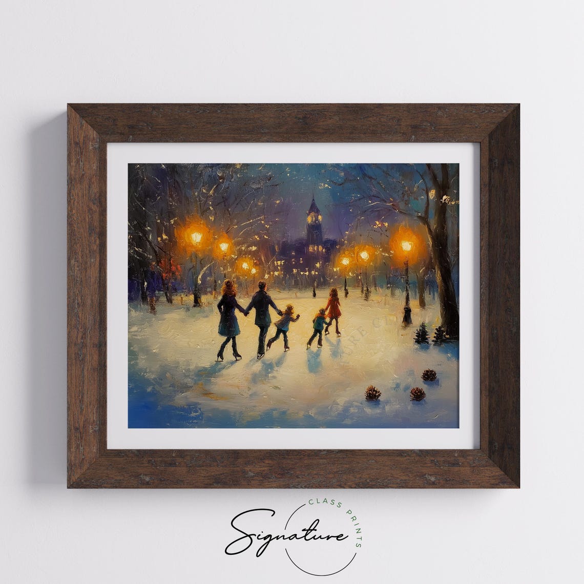 Night Ice Skating Under Glowing Lamps With Church Steeple Art Poster - Image 5
