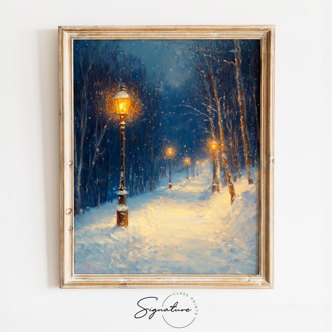 Snowy Night Park Path with Glowing Lampposts and Falling Snow Poster