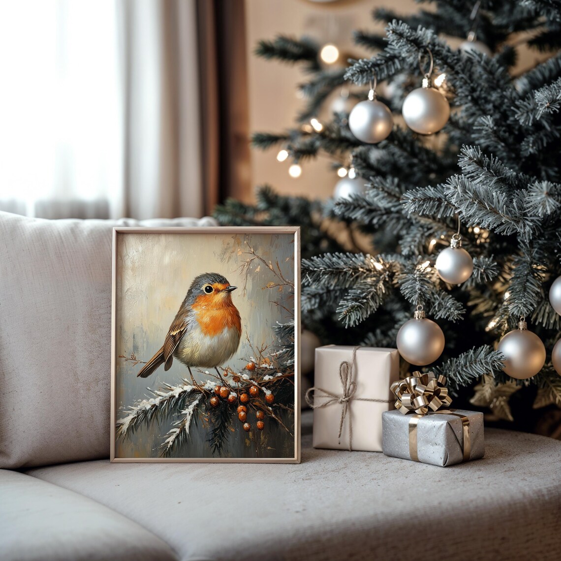 European Robin on Snowy Branch with Berries Winter Oil Painting Print - Image 5