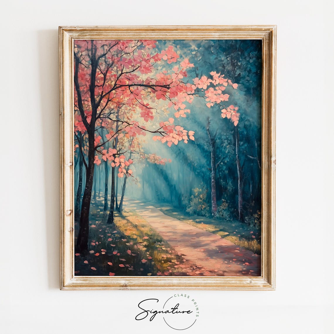 Romantic Pink Blossom Path Sunlit Spring Forest Landscape Poster