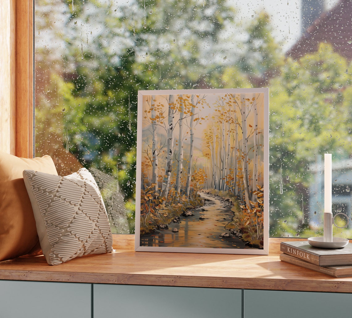 Golden Aspen Grove with Flowing Creek in Autumn Forest Poster - Image 2