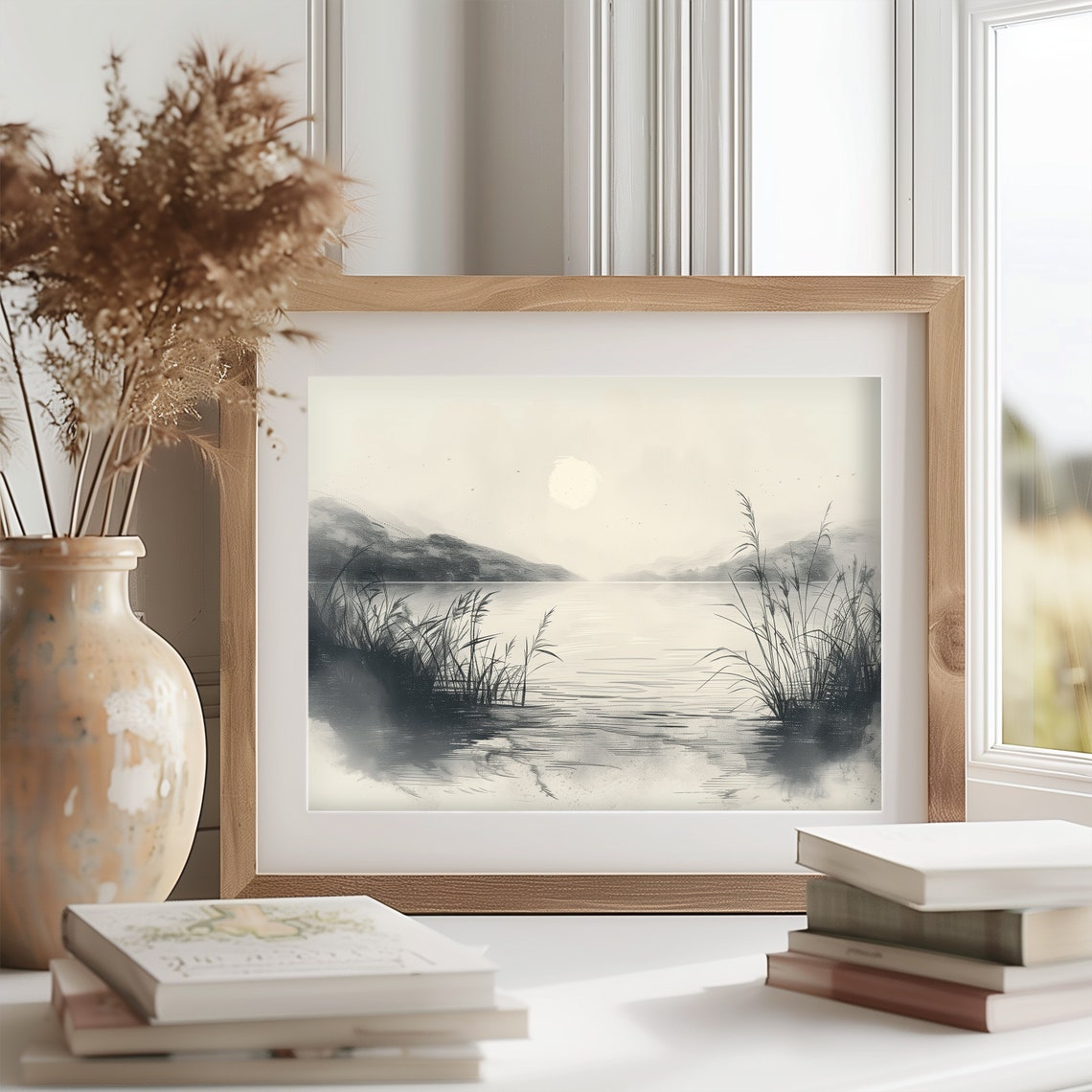 Quiet Lake At Dawn Serene Monochrome Ink Sketch Landscape Poster - Image 2