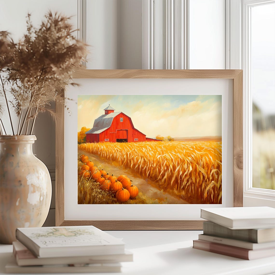 Red Barn Pumpkin Harvest Painting Golden Wheat Field Fall Decor Poster - Image 2