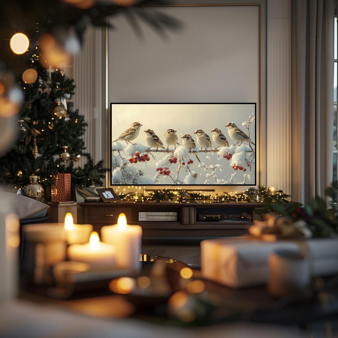 Joyful Seven Sparrows On Snowy Berry Branch Winter TV Art Poster - Image 6