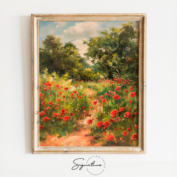 Bright Red Poppy Field Woodland Path Summer Wildflower Trail Poster