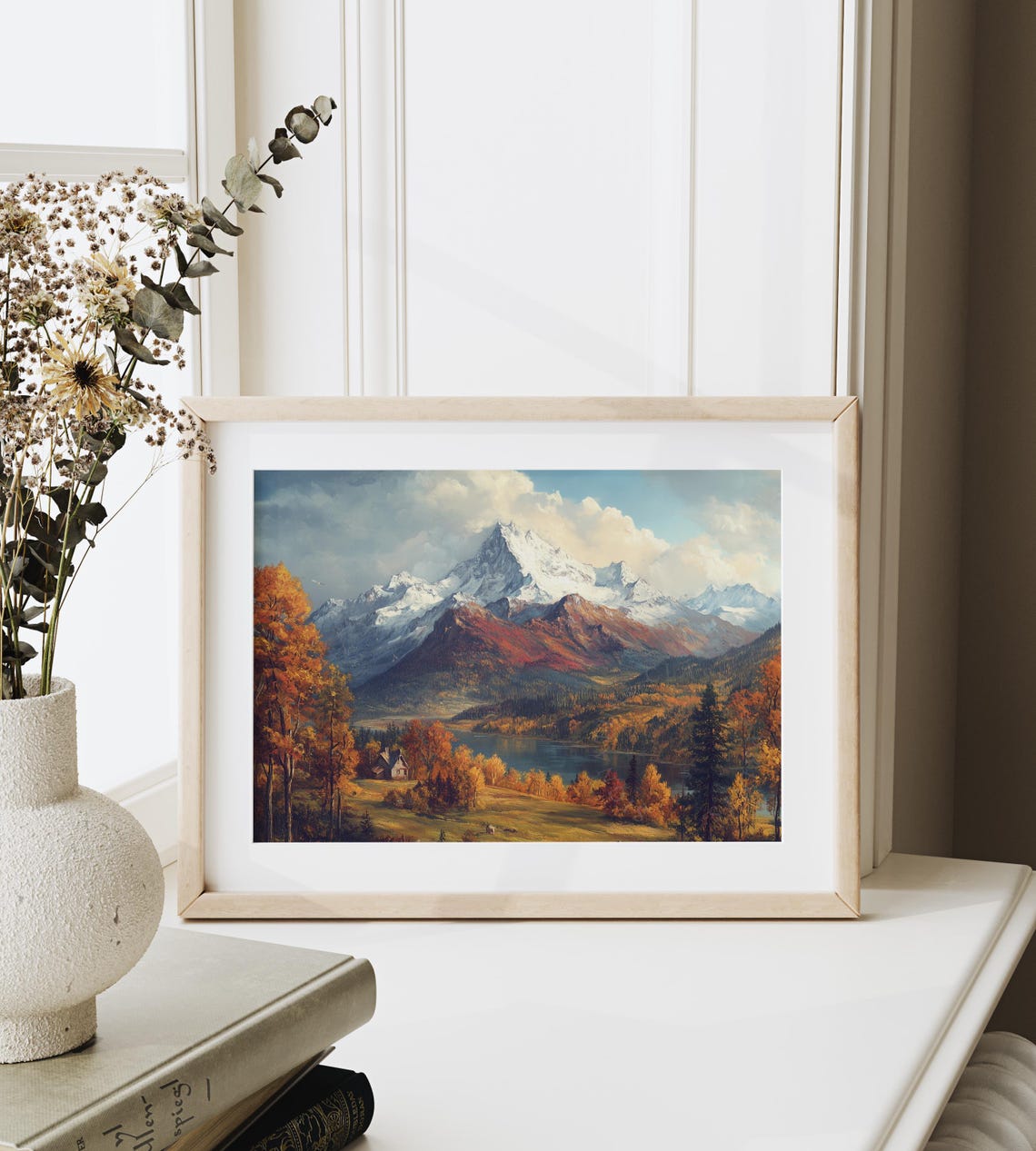 Alpine Autumn Glory Snowy Peaks Golden Lake Cabin Fall Poster - Image 6
