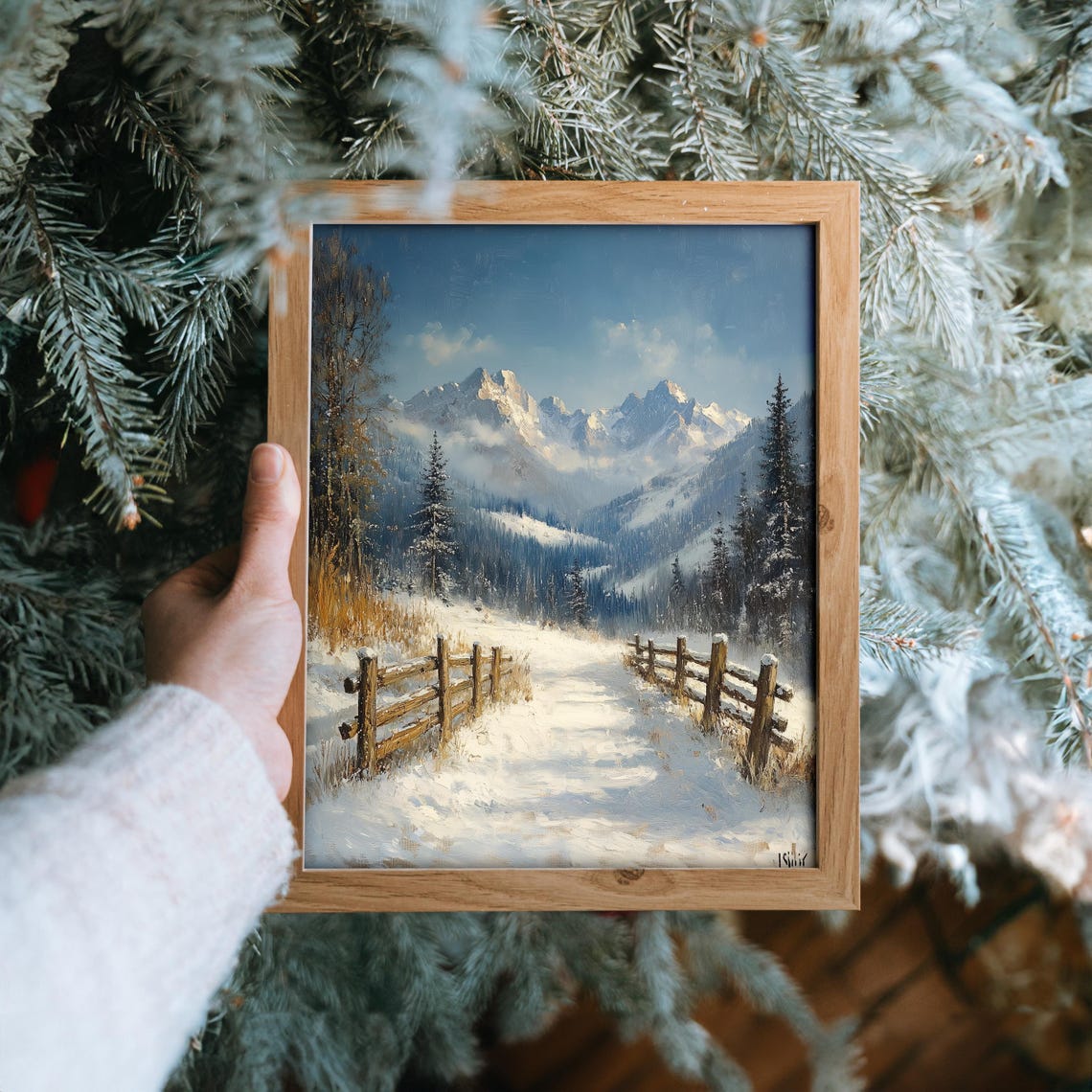 Serene Snowy Alpine Road Wooden Fences Mountain Landscape Poster - Image 6