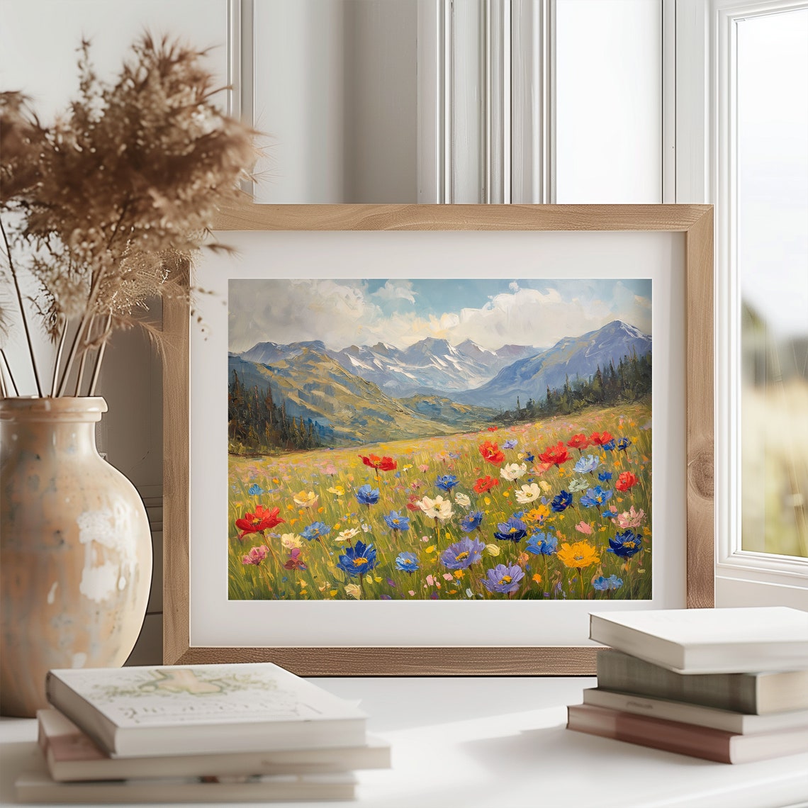 Vibrant Wildflower Meadow Beneath Snowy Peaks Colorful Art Poster - Image 2