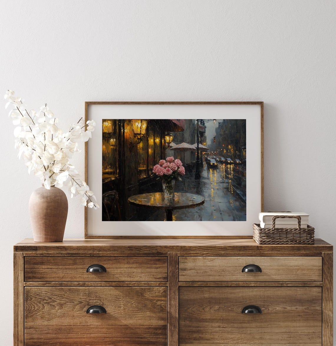 Rainy Night City Cafe Glowing Lanterns Wet Street Roses Oil Painting - Image 5