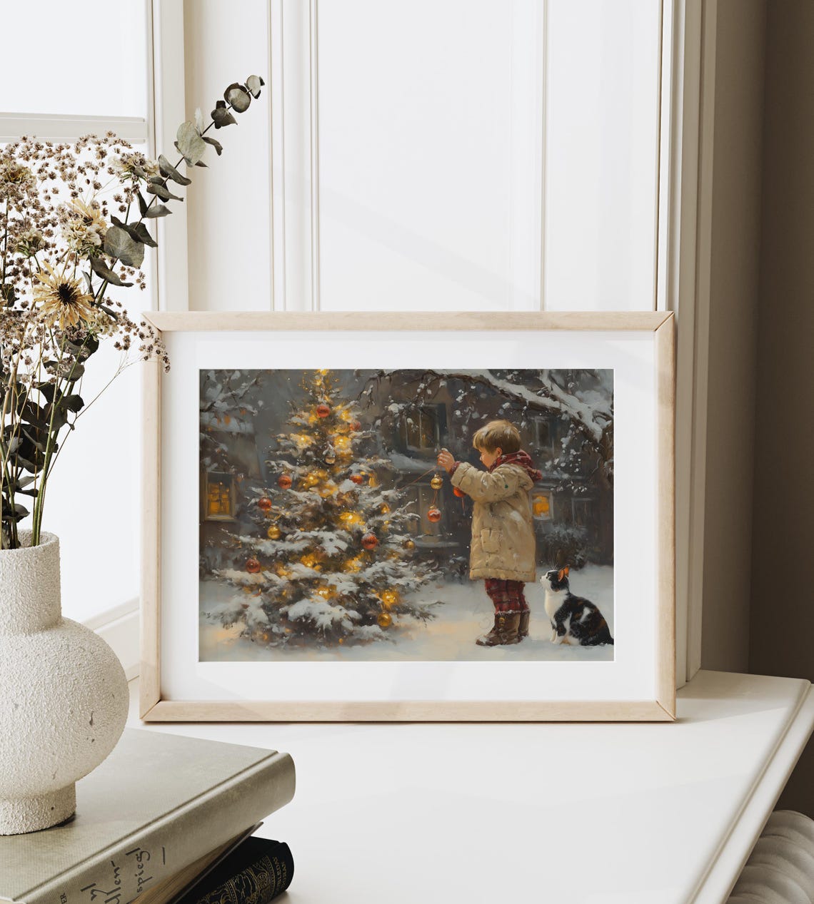 Boy Decorating Outdoor Snowy Christmas Tree with Calico Cat Poster - Image 6