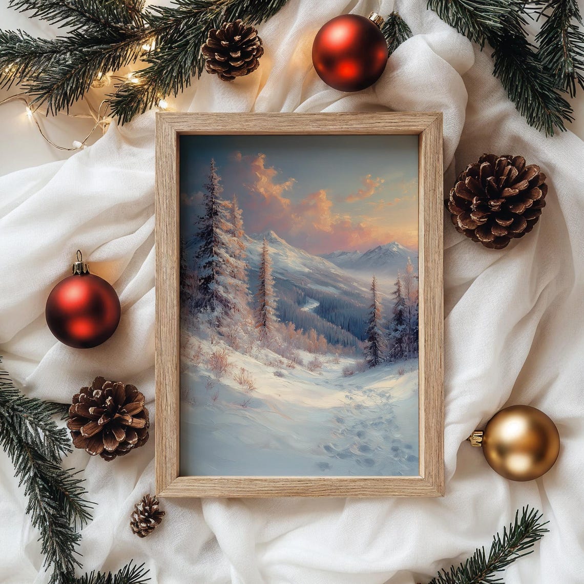 Peaceful Snowy Mountain Trail Footprints Sunset Landscape Poster - Image 4
