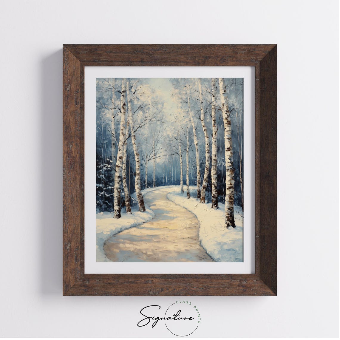 Birch Tree Lined Snowy Lane Curving Through Winter Woods Poster - Image 3