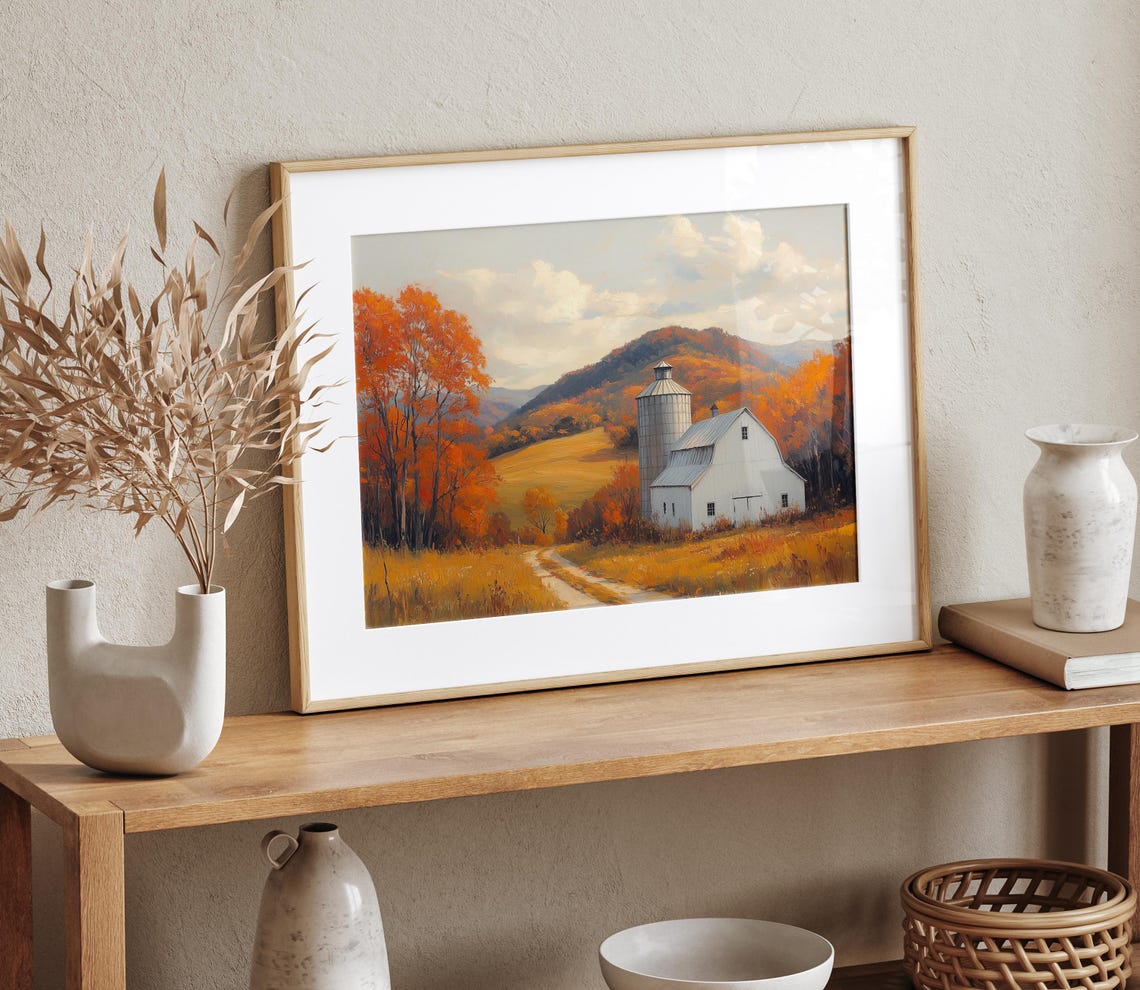 White Barn Silo Golden Field Rolling Hills Oil Painting Farm Poster - Image 4