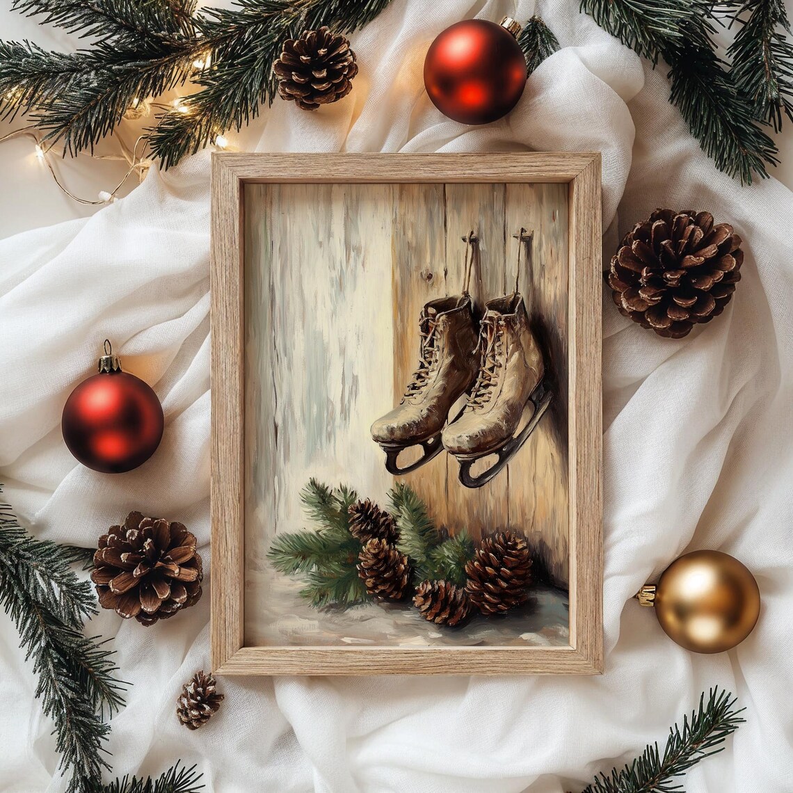 Vintage Ice Skates Hanging on Wooden Wall Winter Oil Painting Print - Image 4