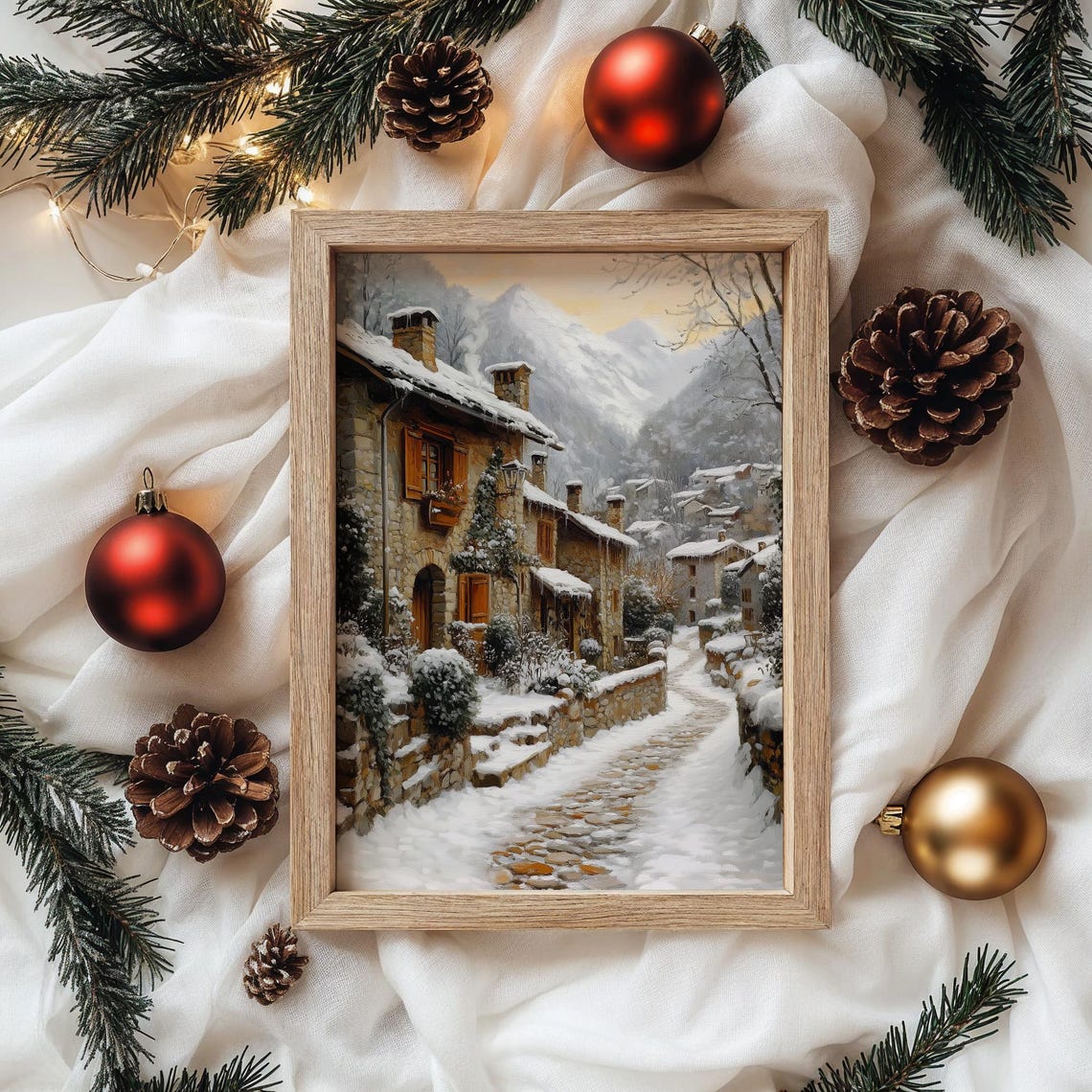 Old Stone Village Street in Snow with Mountain Backdrop Poster - Image 4