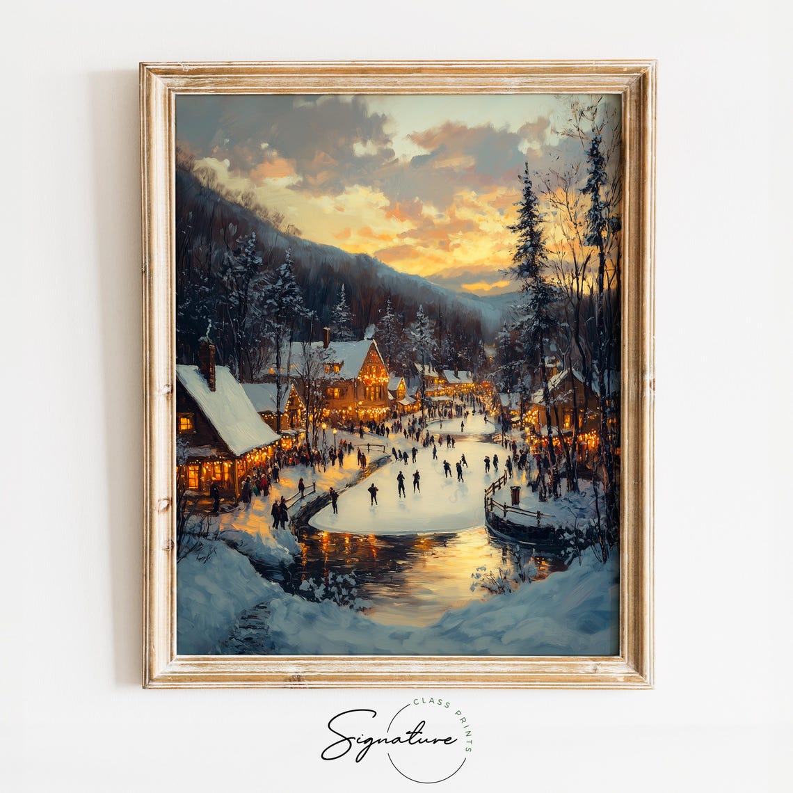 Snowy Village Pond with Skaters at Sunset near Cottages Poster