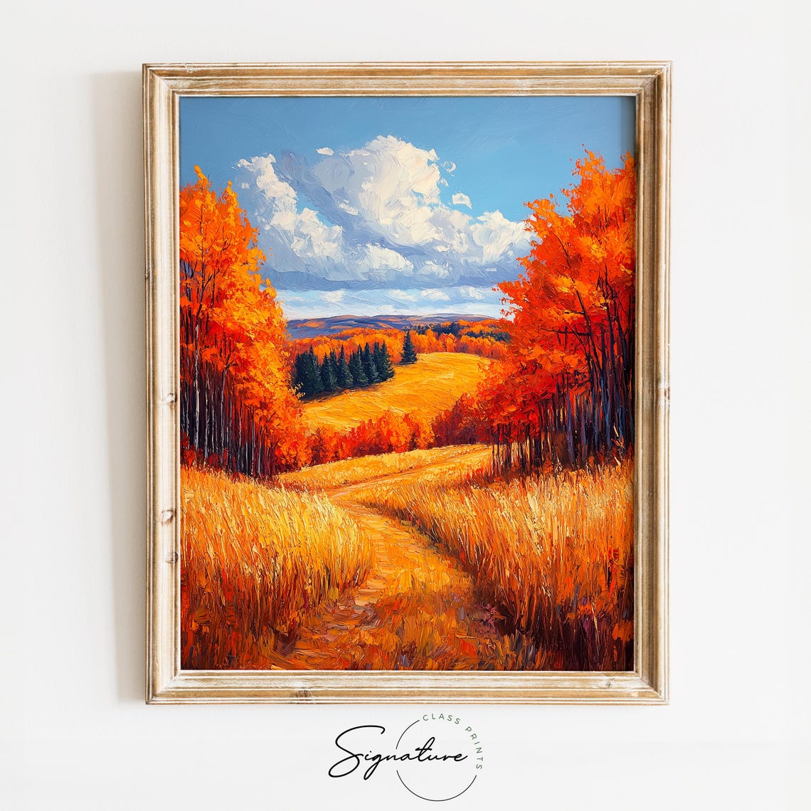 Autumn Meadow Path Orange Foliage Golden Rolling Hills Painting Print