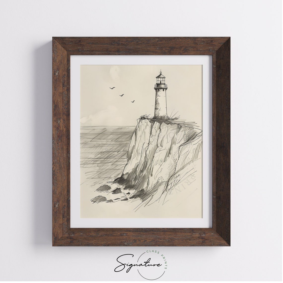 Lonely Lighthouse On Coastal Cliff Pen Sketch Nautical Poster - Image 4