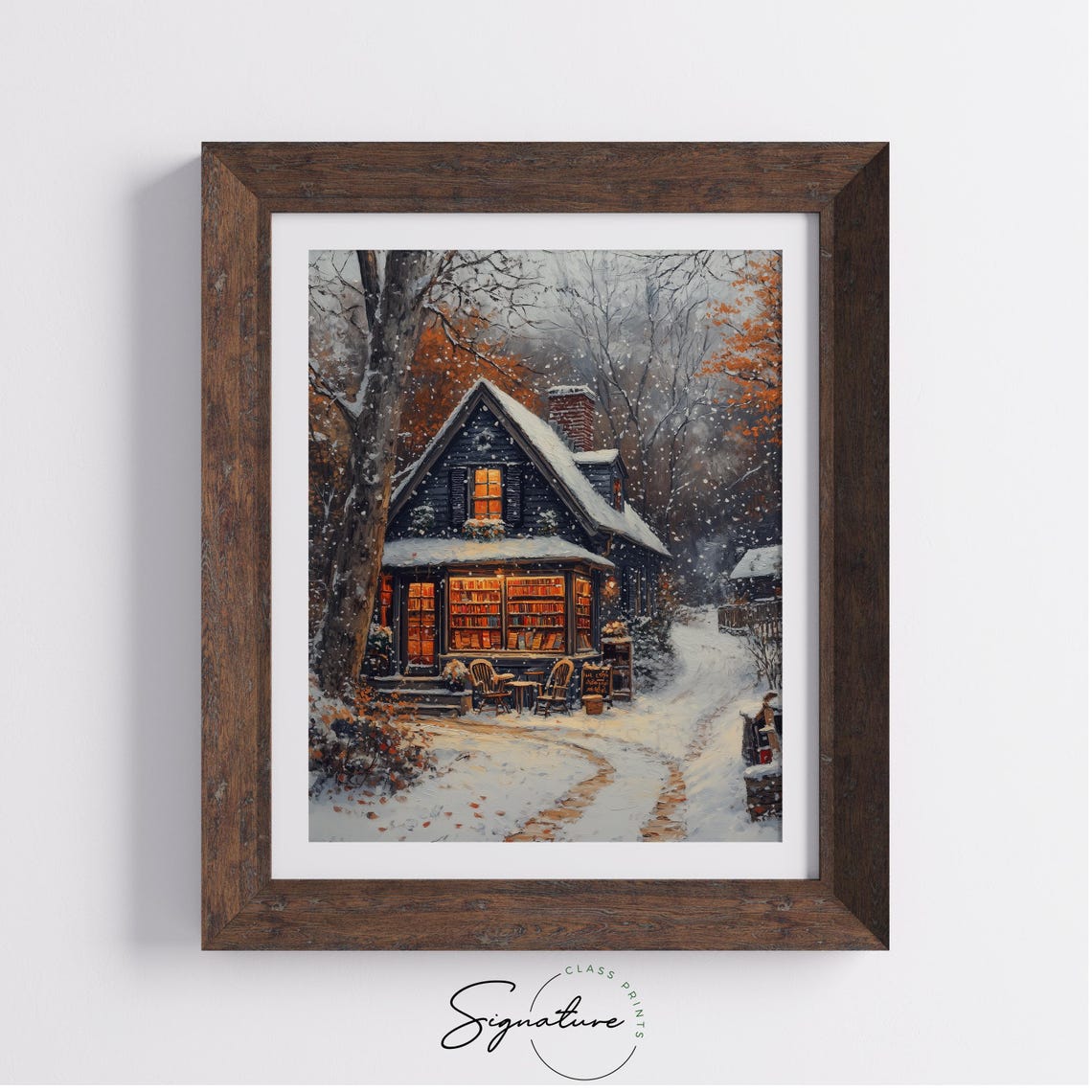 Cozy Bookstore in the Snow at Night with Glowing Windows Poster - Image 3