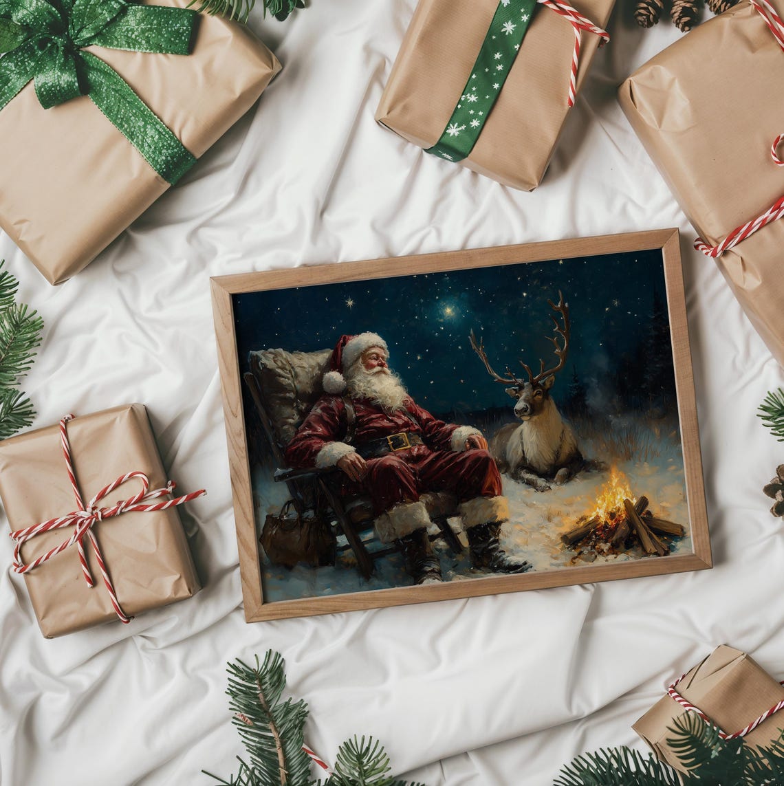 Santa Resting by Campfire With Reindeer Starry Night Scene Poster - Image 2