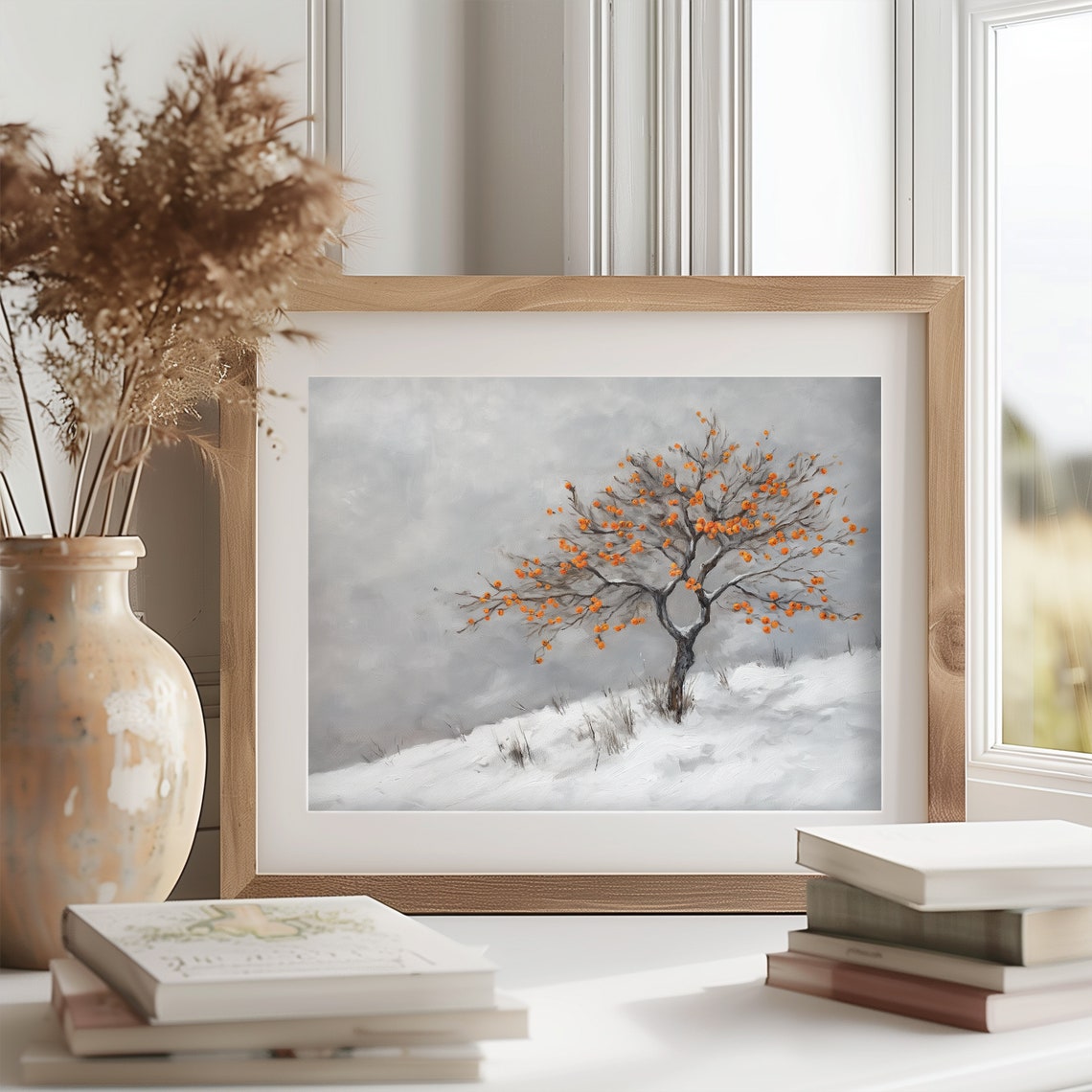 Lone Persimmon Tree With Orange Fruit Winter Snow Hillside Poster - Image 2