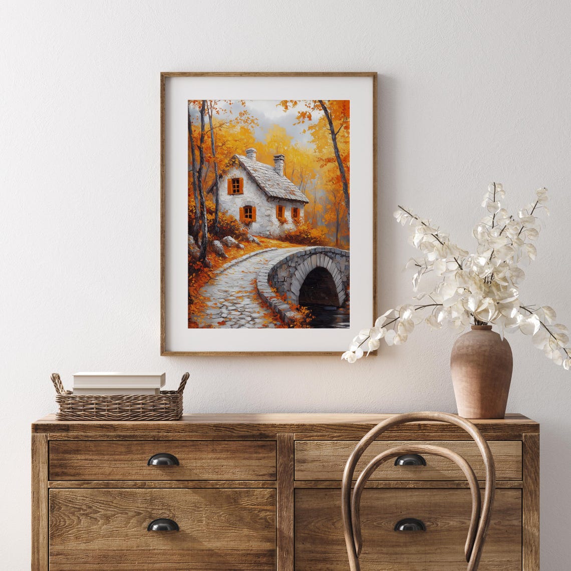 Autumn Stone Cottage Arched Bridge Forest Orange Shutters Poster - Image 5