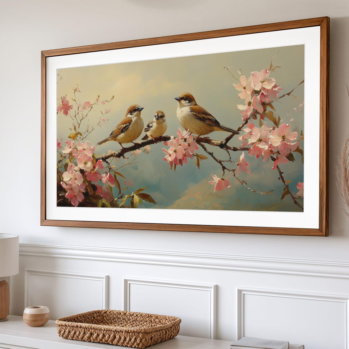 Sparrow Family On Pink Blossoming Branch Spring Nature Poster - Image 2