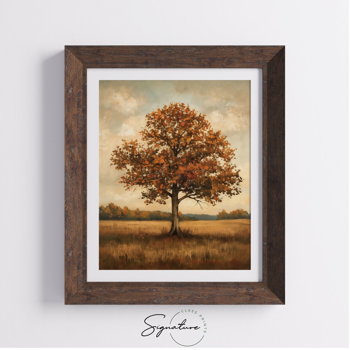 Lone Autumn Oak Tree with Orange Leaves in Golden Field Poster - Image 4