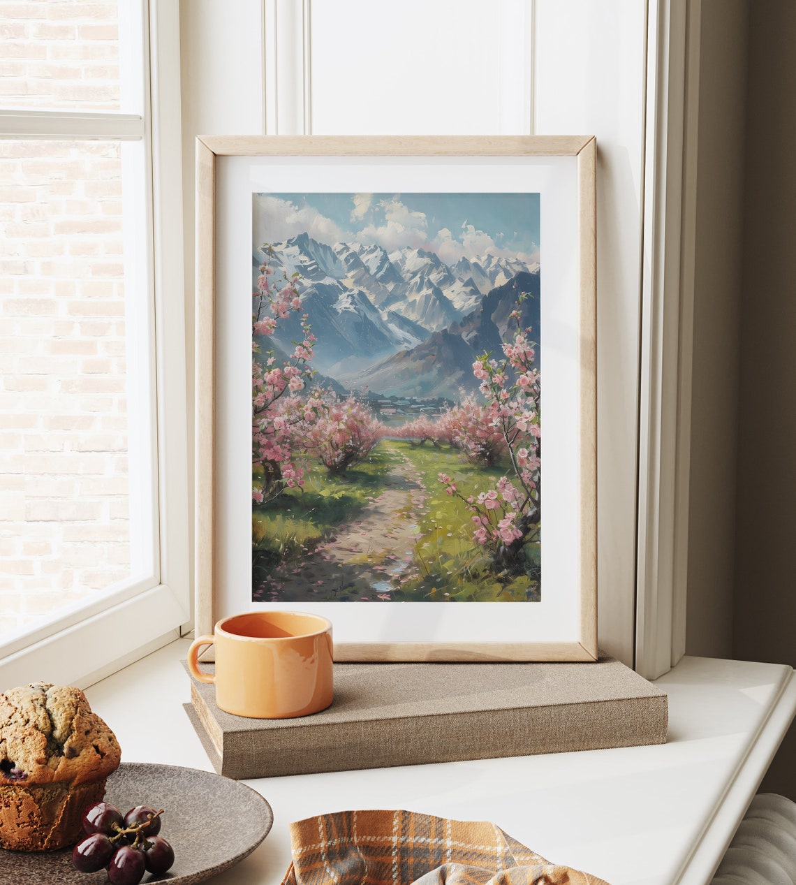 Blossoming Orchard Pink Spring Path Snowy Mountain Valley Poster - Image 6