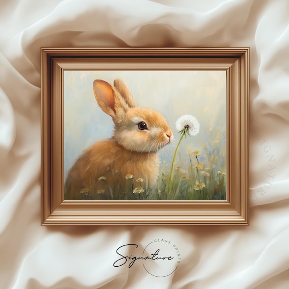 Baby Bunny Sniffing Dandelion Soft Meadow Spring Animal Art Poster
