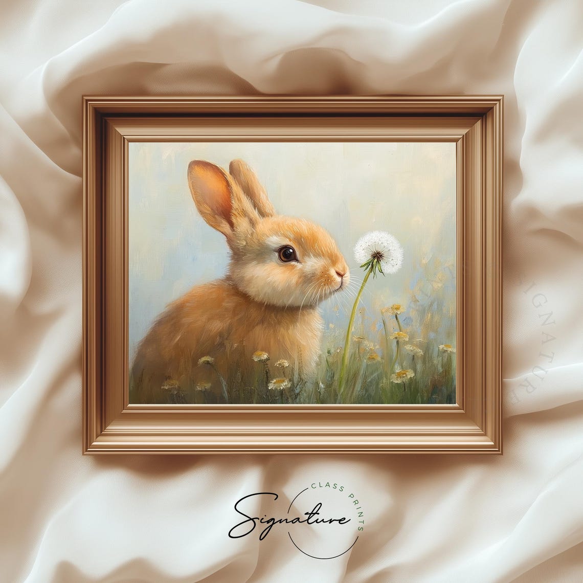 Baby Bunny Sniffing Dandelion Soft Meadow Spring Animal Art Poster