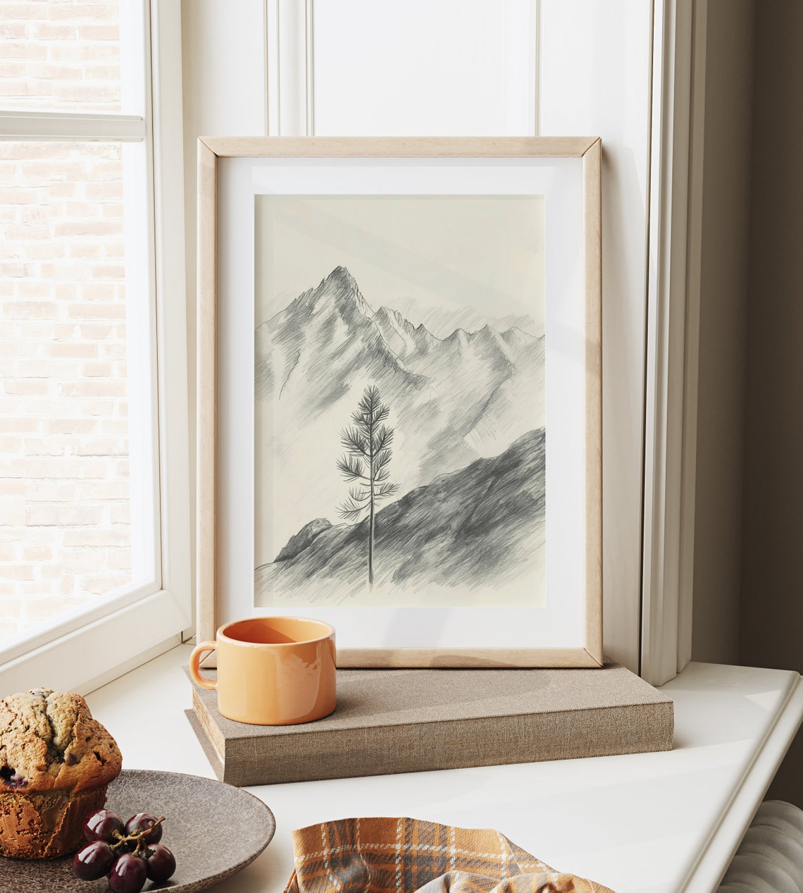 Lone Pine Tree Before High Mountain Peaks Serene Sketch Art Poster - Image 6