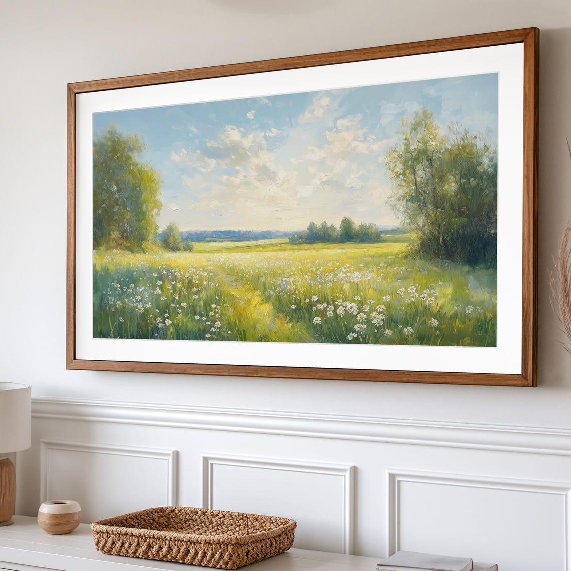Spring Meadow Daisy Field Under Bright Blue Sky Landscape Poster - Image 2