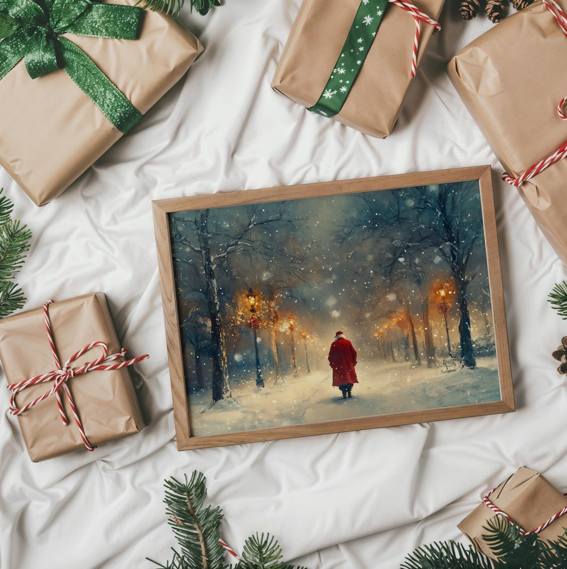 Santa Claus Walking A Snowy Lamp Lit Park Path On Christmas Poster - Image 2