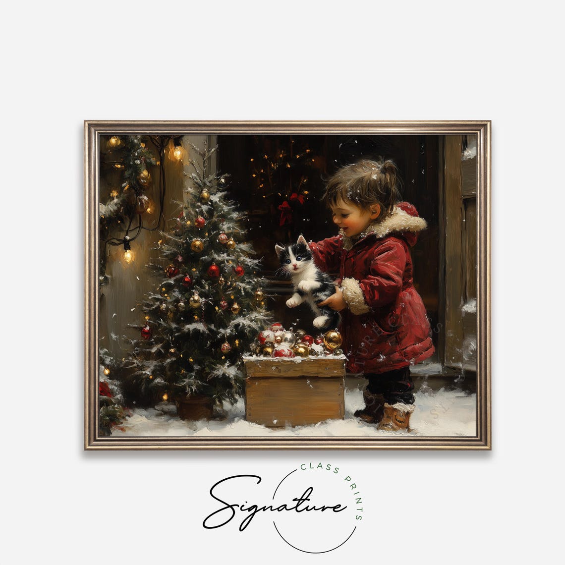 Little Girl Holding A Kitten Beside A Snowy Christmas Tree Poster - Image 4