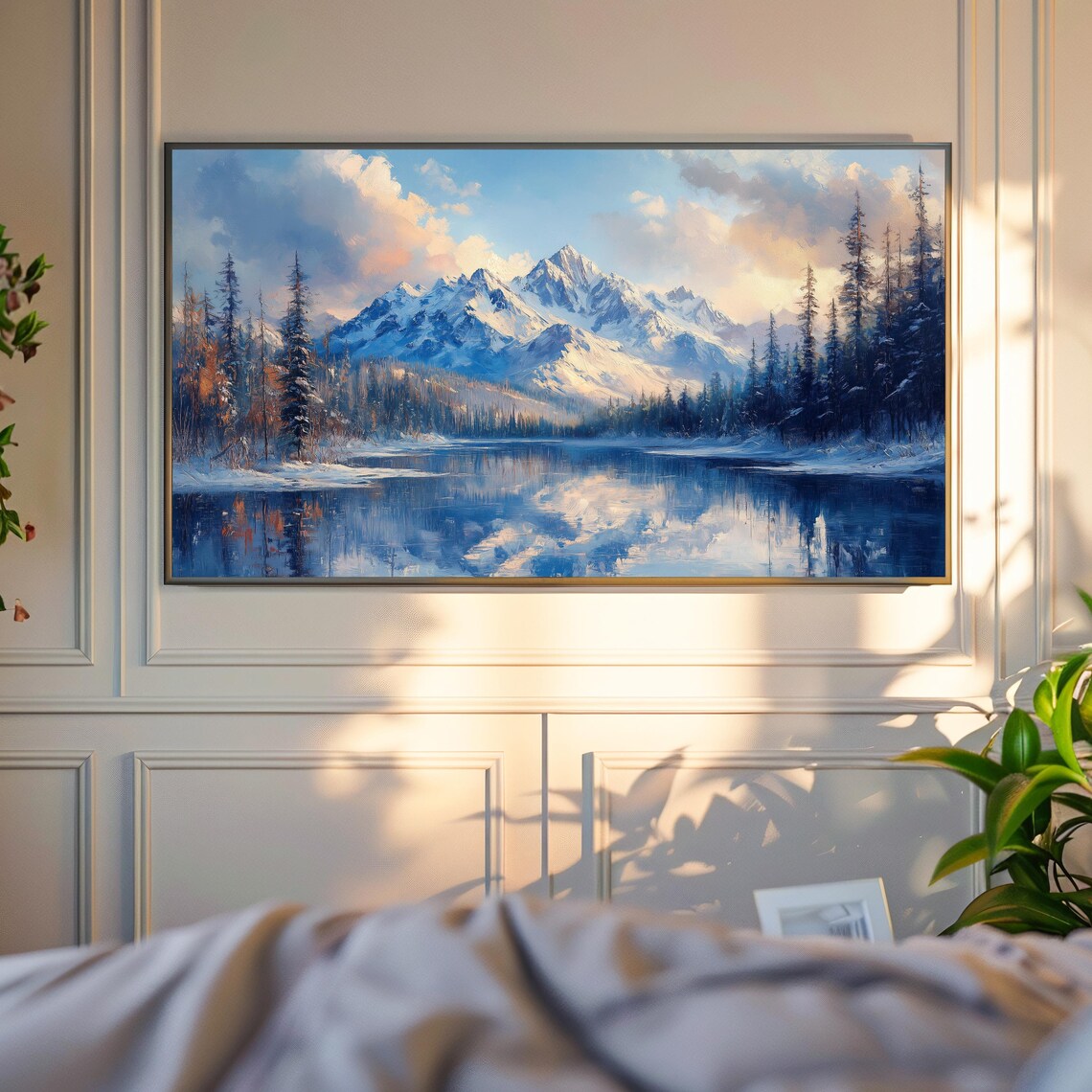 Snow Capped Peaks Over Still Mountain Lake Pine Forest Winter Art Poster - Image 4