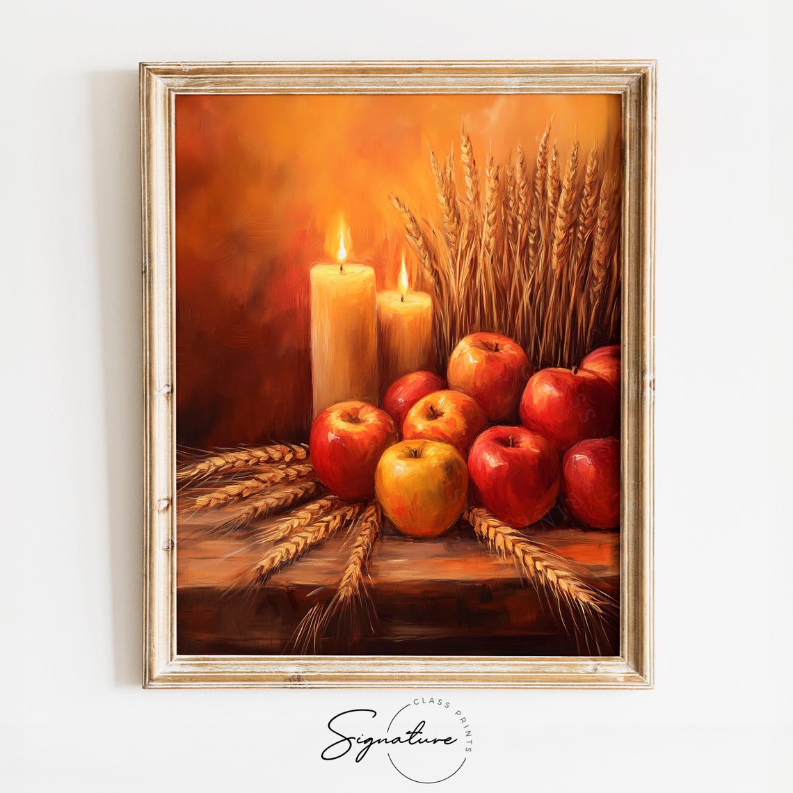 Harvest Still Life with Glossy Red Apples Wheat and Lit Candles Poster