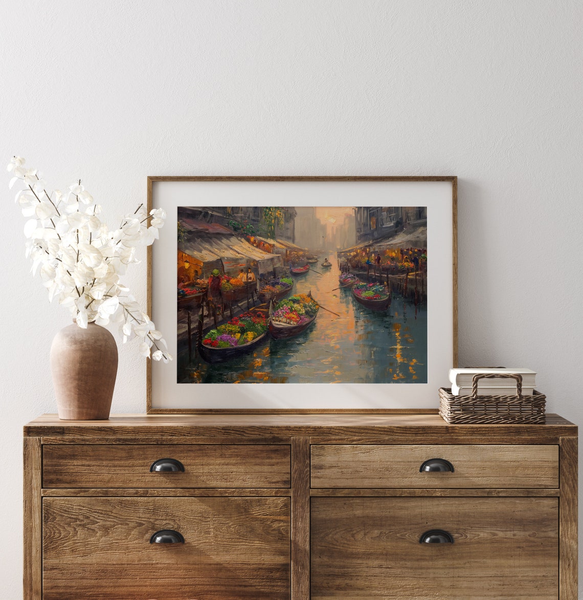Flower Boats on a Canal at Golden Hour Impressionist Cityscape Poster - Image 3