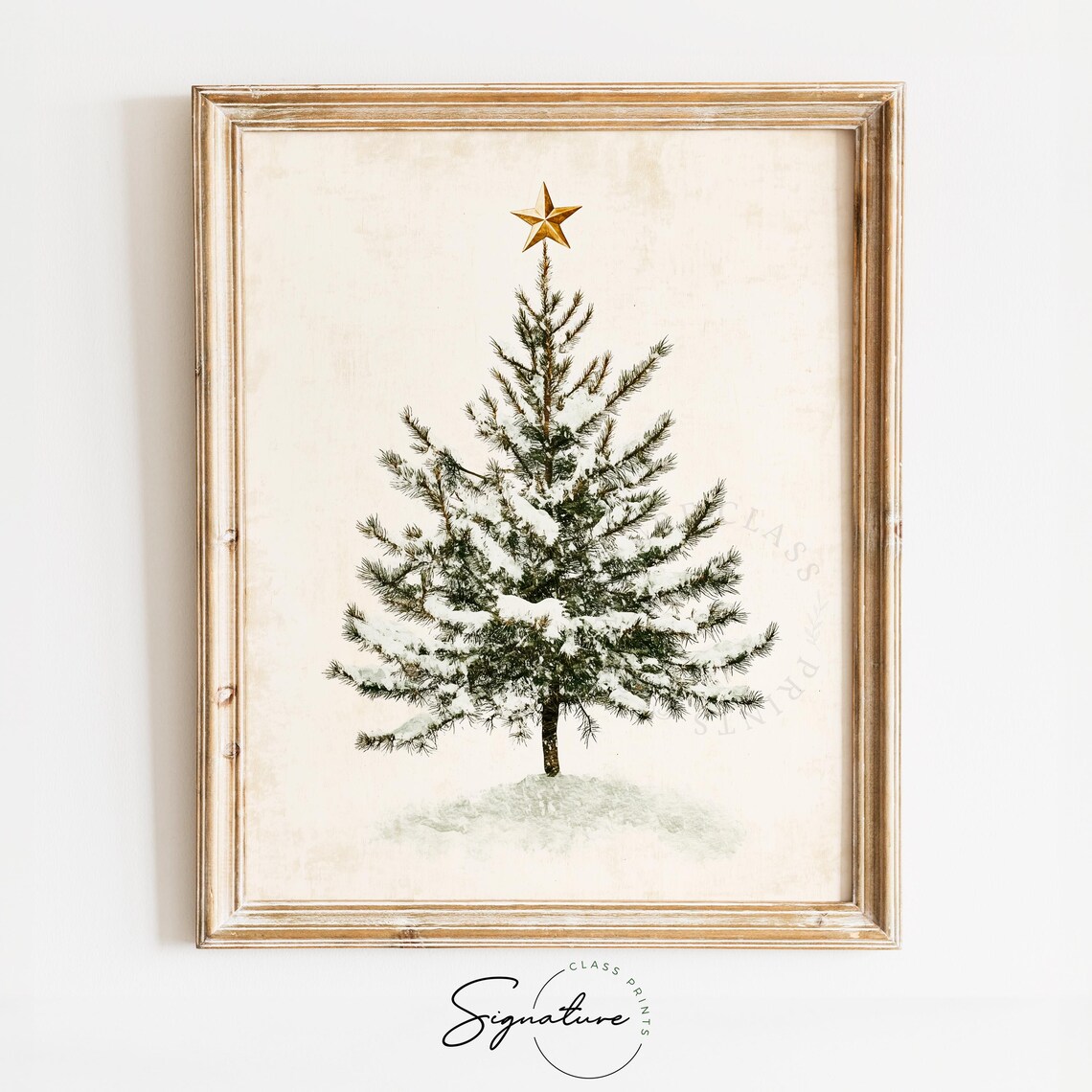 Snowy Christmas Tree Gold Star Minimalist Winter Holiday Art Poster