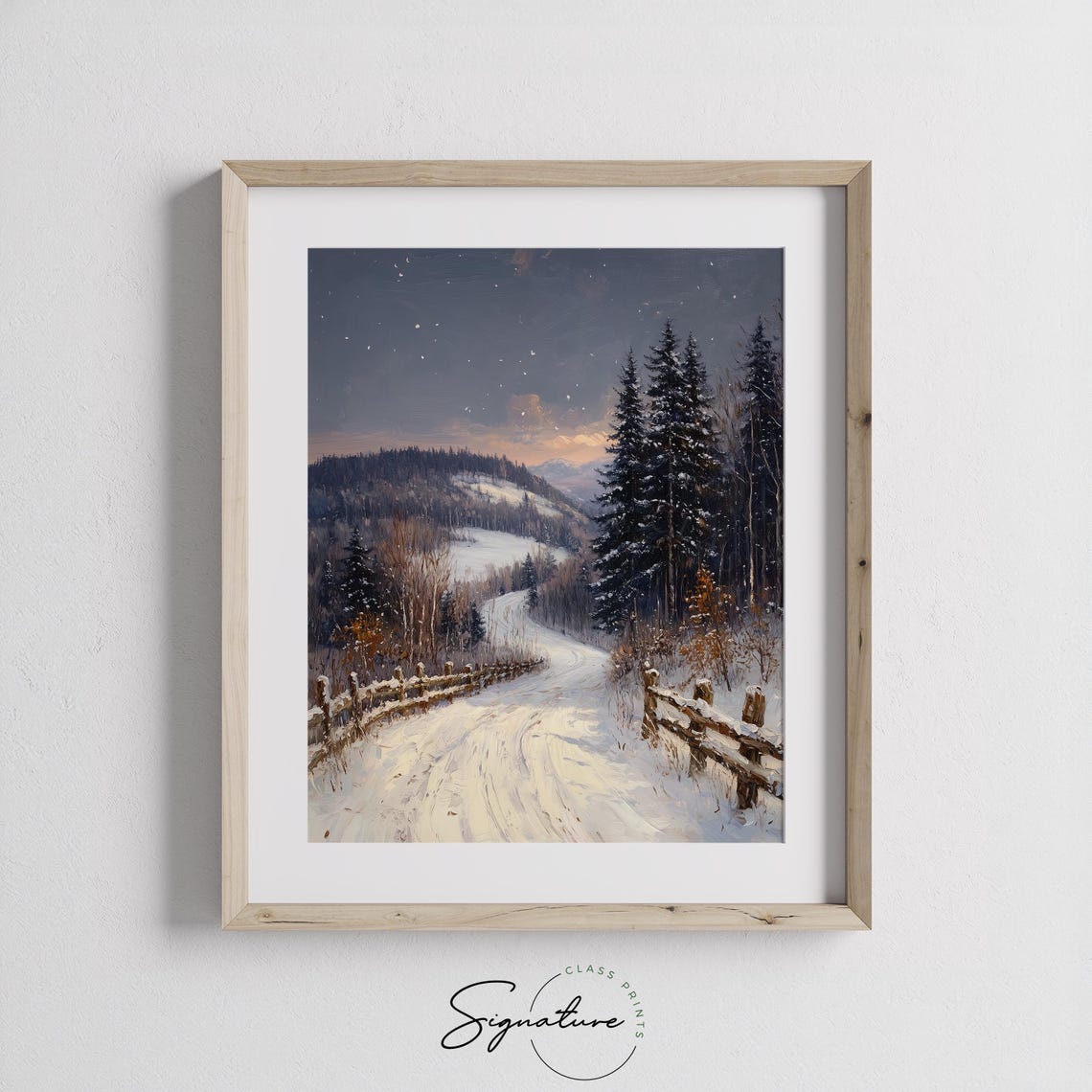Snowy Scenic Mountain Road at Dusk under Pink Sunset Winter Poster - Image 2