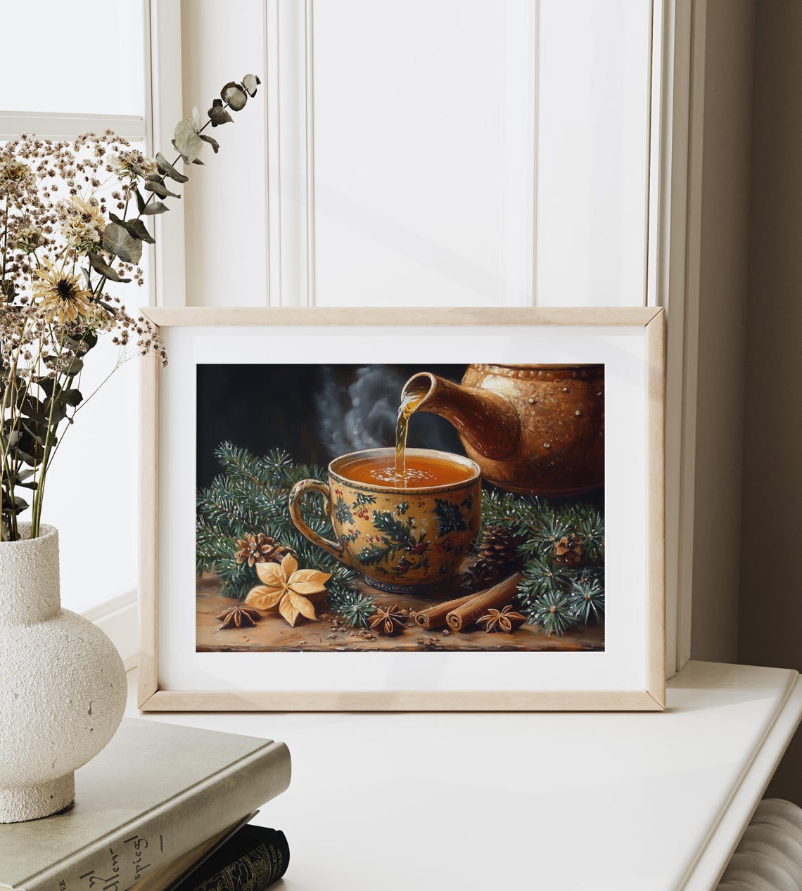 Vintage Teapot Pouring Hot Tea Festive Cup Evergreen Spices Poster - Image 6