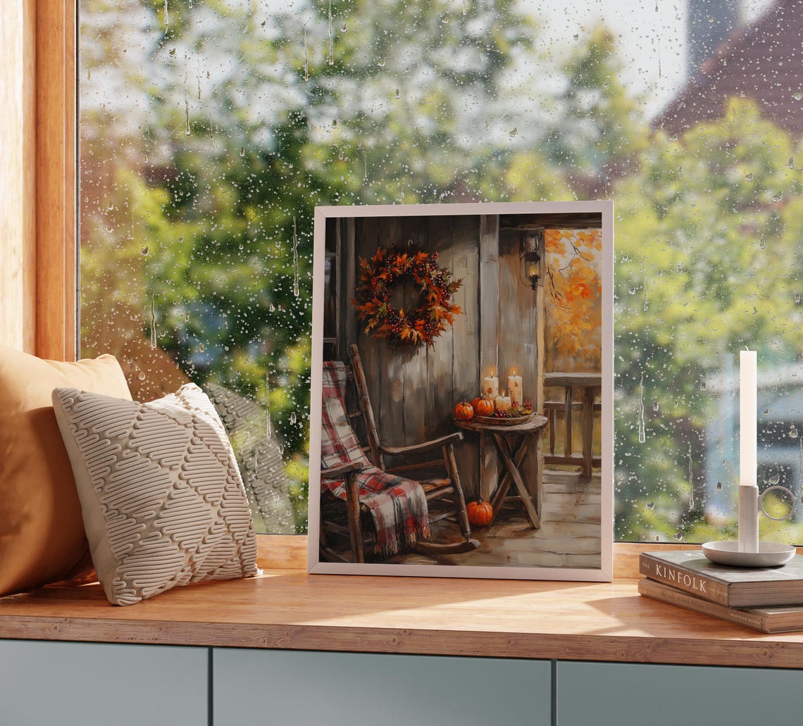 Cozy Fall Porch Rocking Chair Plaid Blanket Wreath Candles Poster - Image 2