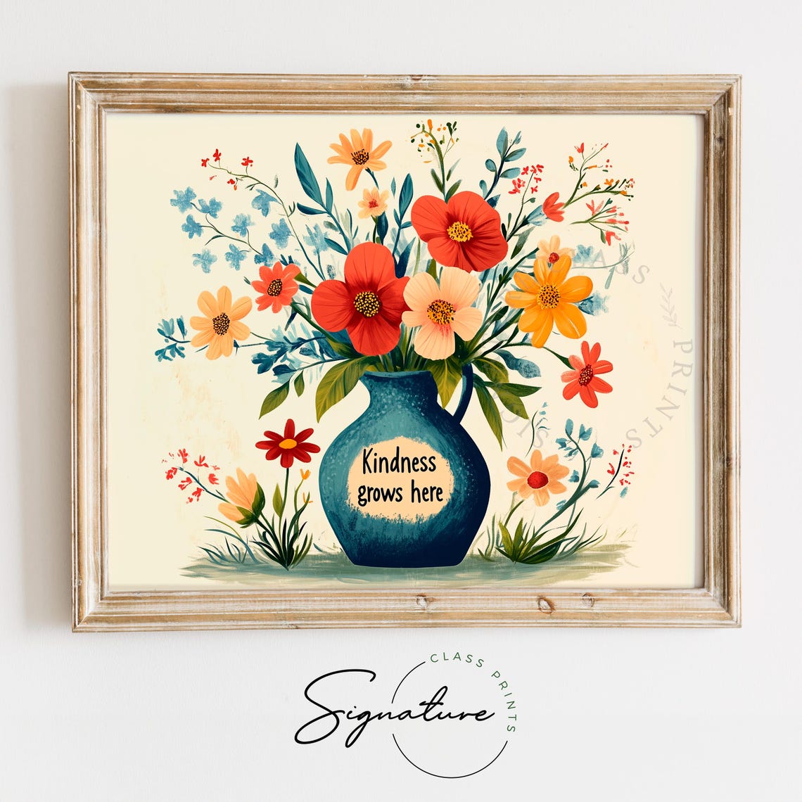 Kindness Grows Here Quote Floral Bouquet In Retro Blue Vase Poster