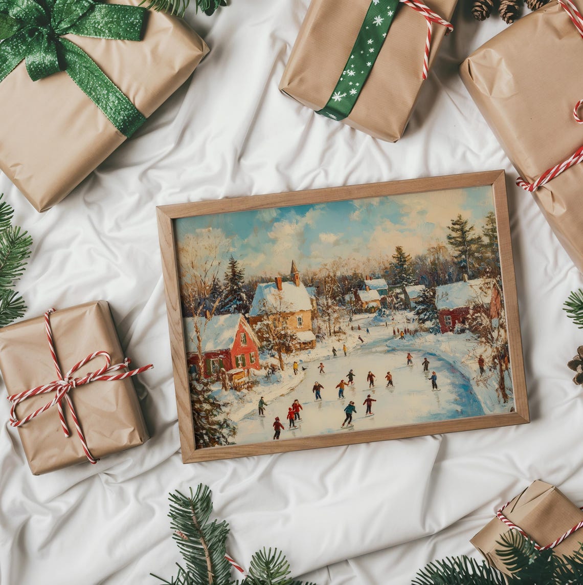 Village Skaters On A Frozen River Beneath Snow Covered Cottages Poster - Image 2